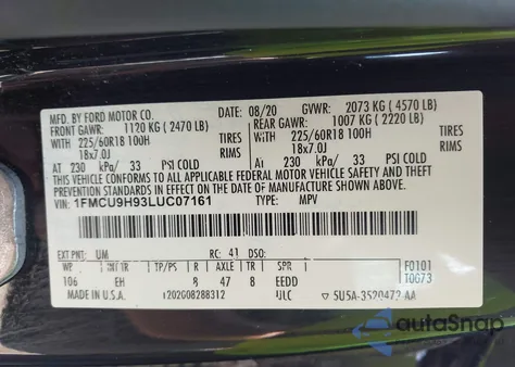 2020 Ford Escape Sel z USA, uszkodzony, nr VIN 1FMCU9H93LUC07161